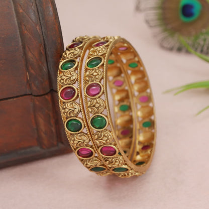 Traditional Matte Gold Plated Brass Bangles for Women with Ruby & Green Kampo