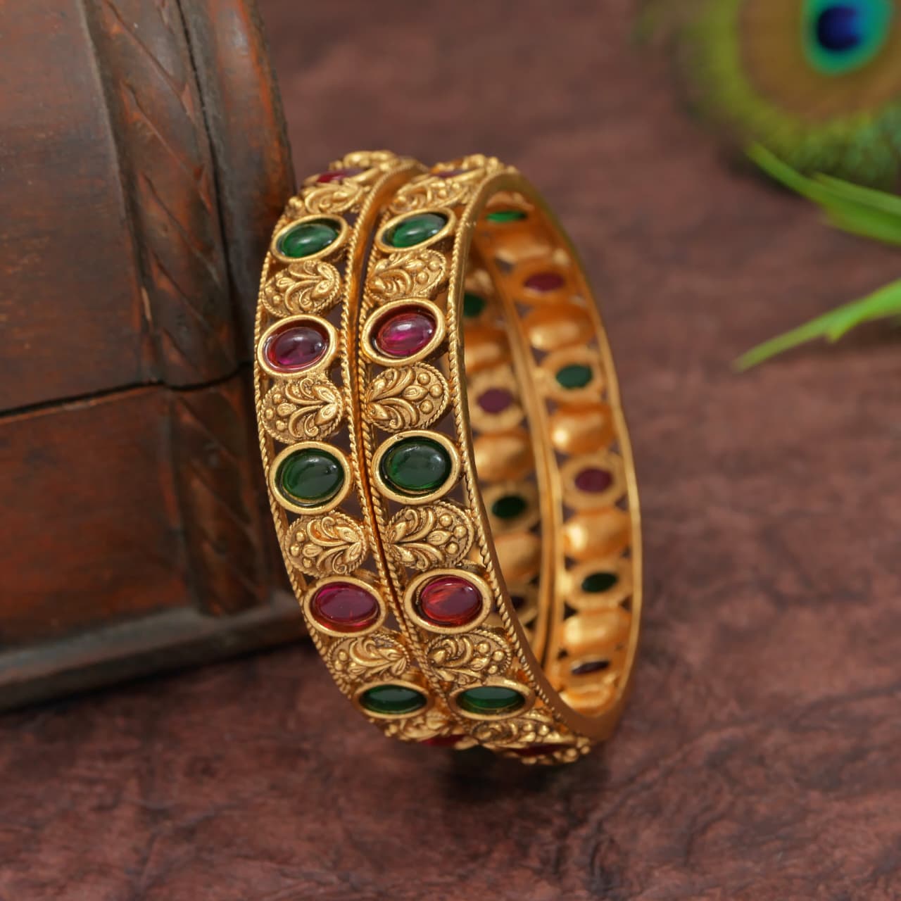 Traditional Matte Gold Plated Brass Bangles for Women with Ruby & Green Kampo
