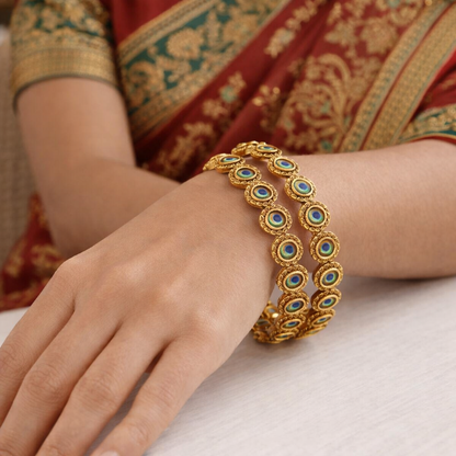 Antique Gold-Plated Rajwadi Bangles with Peacock Meena Artwork