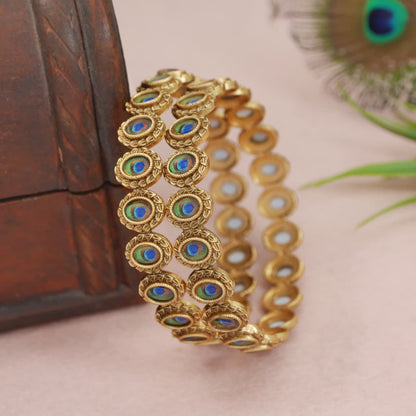 Antique Gold-Plated Rajwadi Bangles with Peacock Meena Artwork