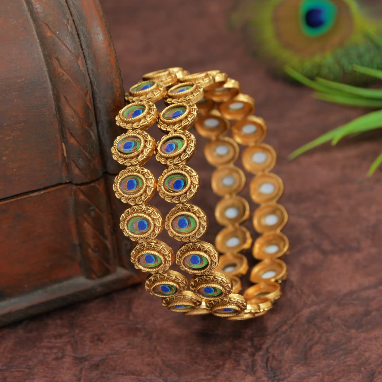Antique Gold-Plated Rajwadi Bangles with Peacock Meena Artwork