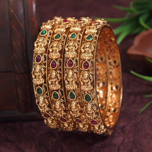 Orna  Brass Matte laxmi Temple Bangle (Pack of 4)