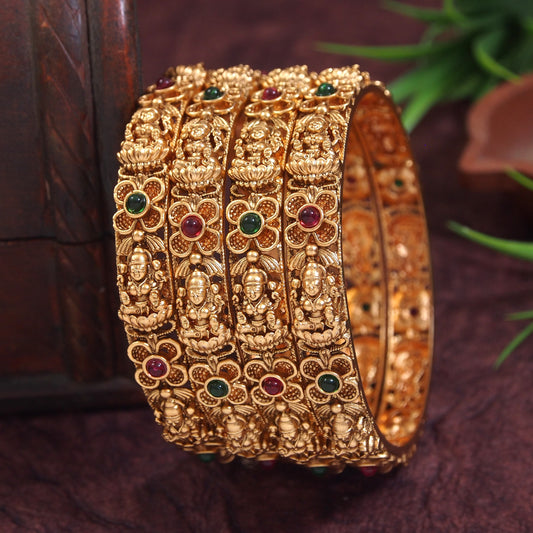 Orna  Brass Matte laxmi Temple Bangle (Pack of 4)