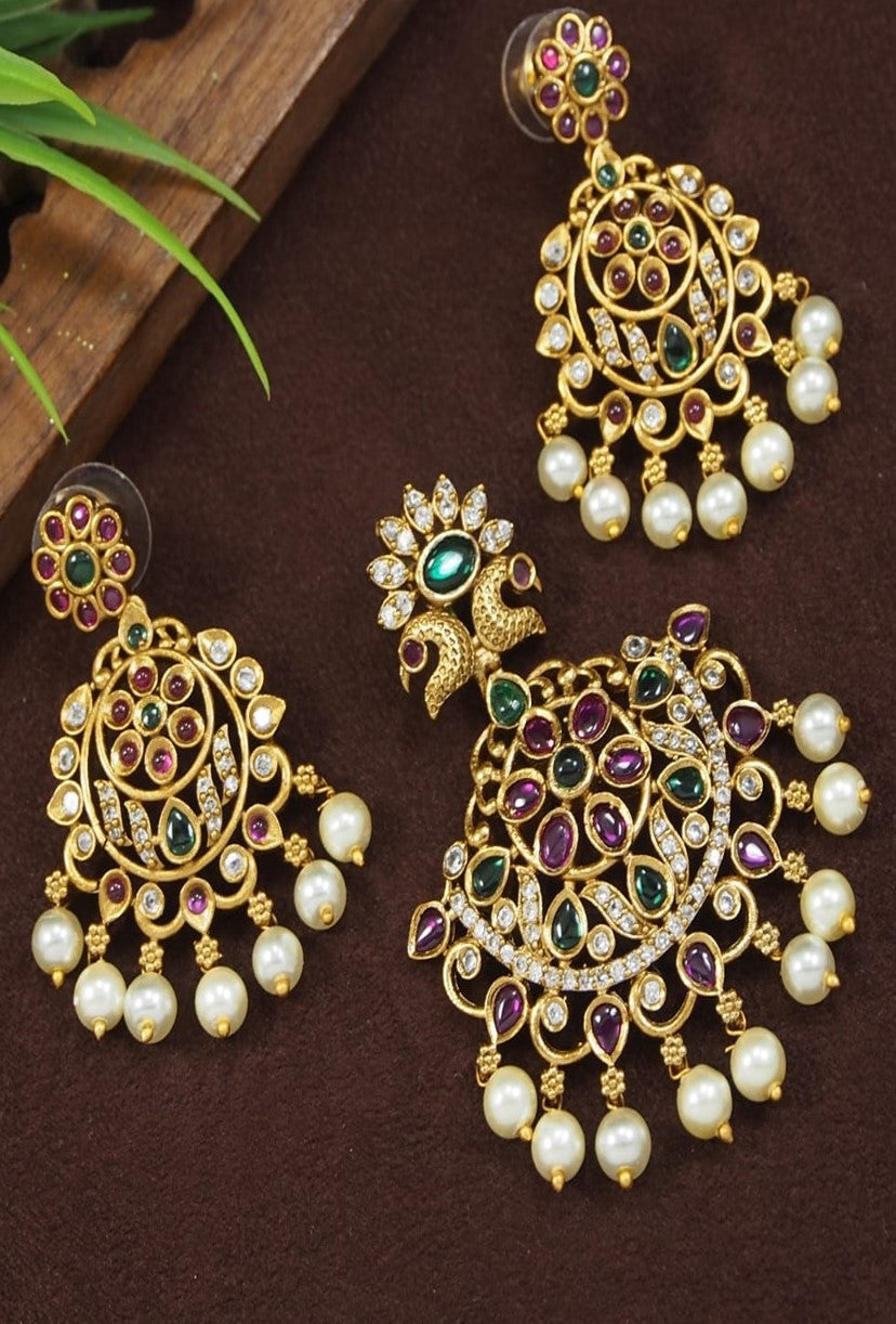 Traditional Peacock Pendant & Earrings Set with Pearls and Stones