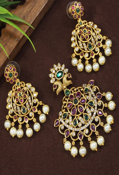 Traditional Peacock Pendant & Earrings Set with Pearls and Stones