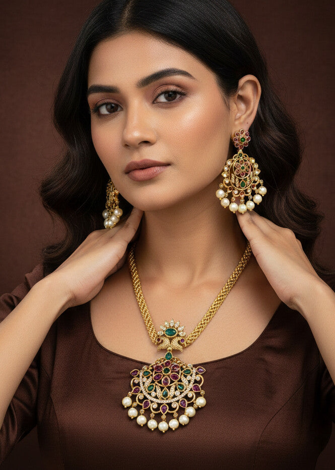 Traditional Peacock Pendant & Earrings Set with Pearls and Stones