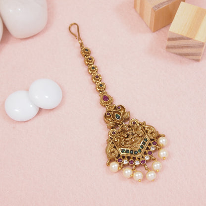Traditional Antique Matte Gold Laxmidevi Temple  Maang Tikka