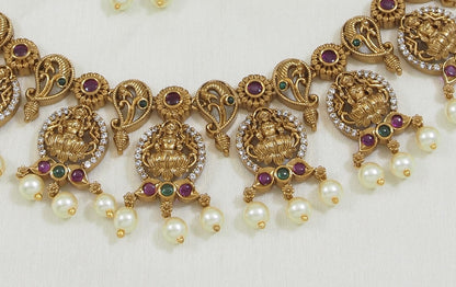 Antique Gold-Plated Temple Necklace Set with Lakshmi Motif and Earrings