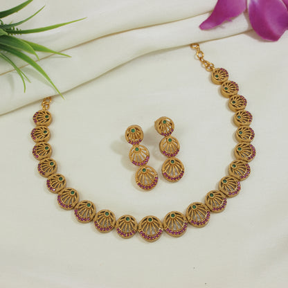 Orna American Diamond Brass Matte Finish Necklace Set