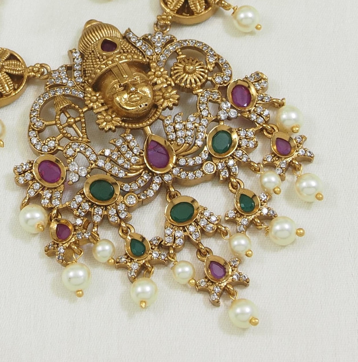 Matte Finish Brass Necklace Set with Lakshmi Pendant, American Diamonds & Pearls