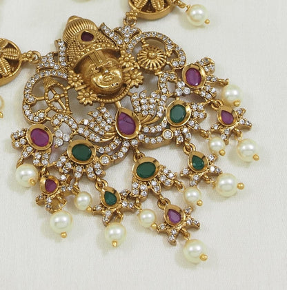 Matte Finish Brass Necklace Set with Lakshmi Pendant, American Diamonds & Pearls