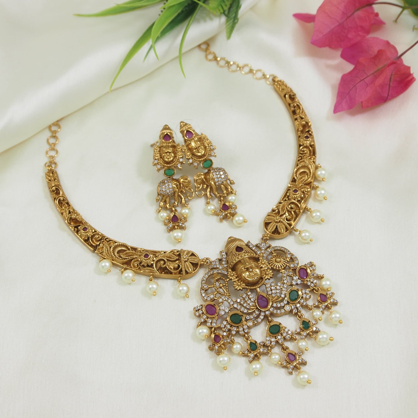 Matte Finish Brass Necklace Set with Lakshmi Pendant, American Diamonds & Pearls