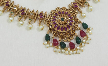 Antique Gold-Plated Multi-Stone Necklace Set with Earrings for Women