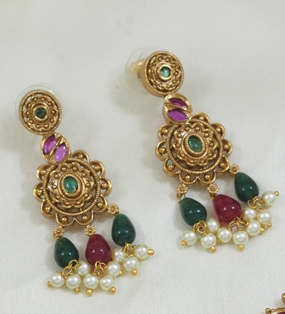 Antique Gold-Plated Multi-Stone Necklace Set with Earrings for Women