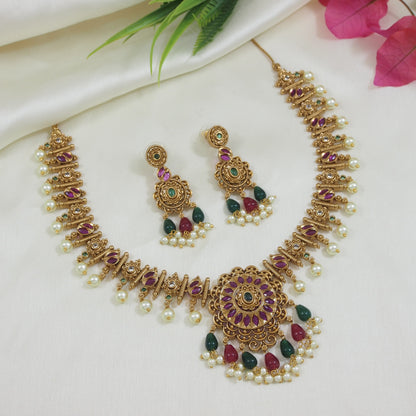Antique Gold-Plated Multi-Stone Necklace Set with Earrings for Women