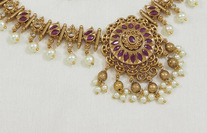 Antique Gold-Plated Multi-Stone Necklace Set with Earrings for Women