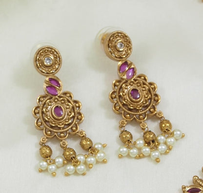 Antique Gold-Plated Multi-Stone Necklace Set with Earrings for Women