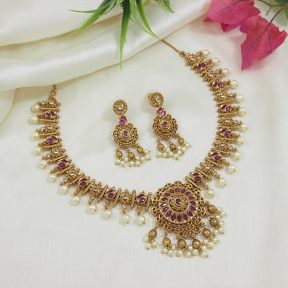 Antique Gold-Plated Multi-Stone Necklace Set with Earrings for Women