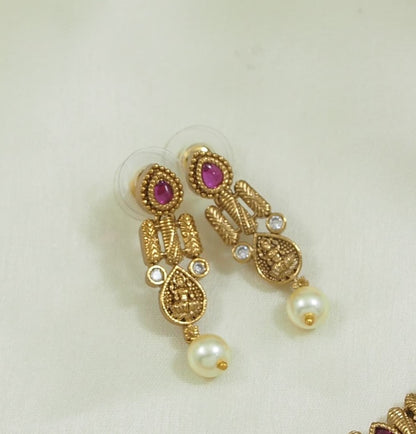 Antique Gold-Plated Ruby and Green Stone Necklace Set with Earrings for Women