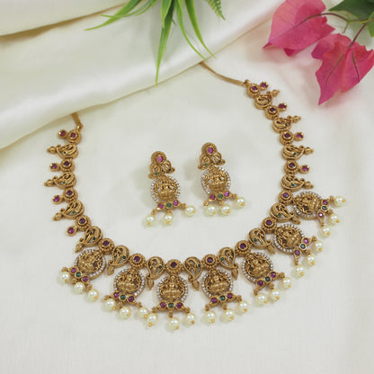 Antique Gold-Plated Temple Necklace Set with Lakshmi Motif and Earrings
