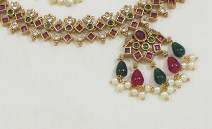 Traditional Ruby and Emerald Kundan Necklace Set with Earrings