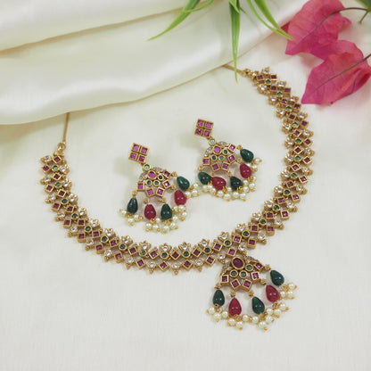Traditional Ruby and Emerald Kundan Necklace Set with Earrings