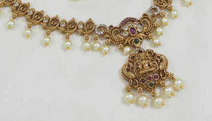 Matte Finish Brass Necklace Set with Lakshmi Pendant, American Diamonds & Pearls