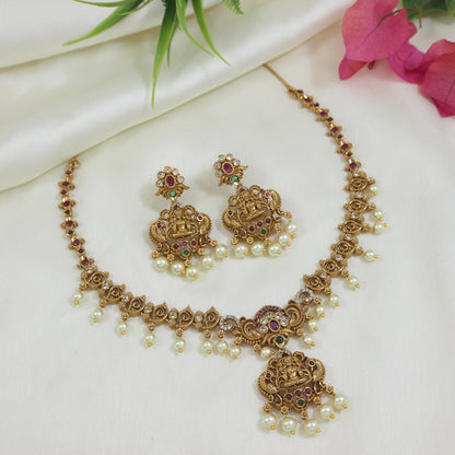 Matte Finish Brass Necklace Set with Lakshmi Pendant, American Diamonds & Pearls