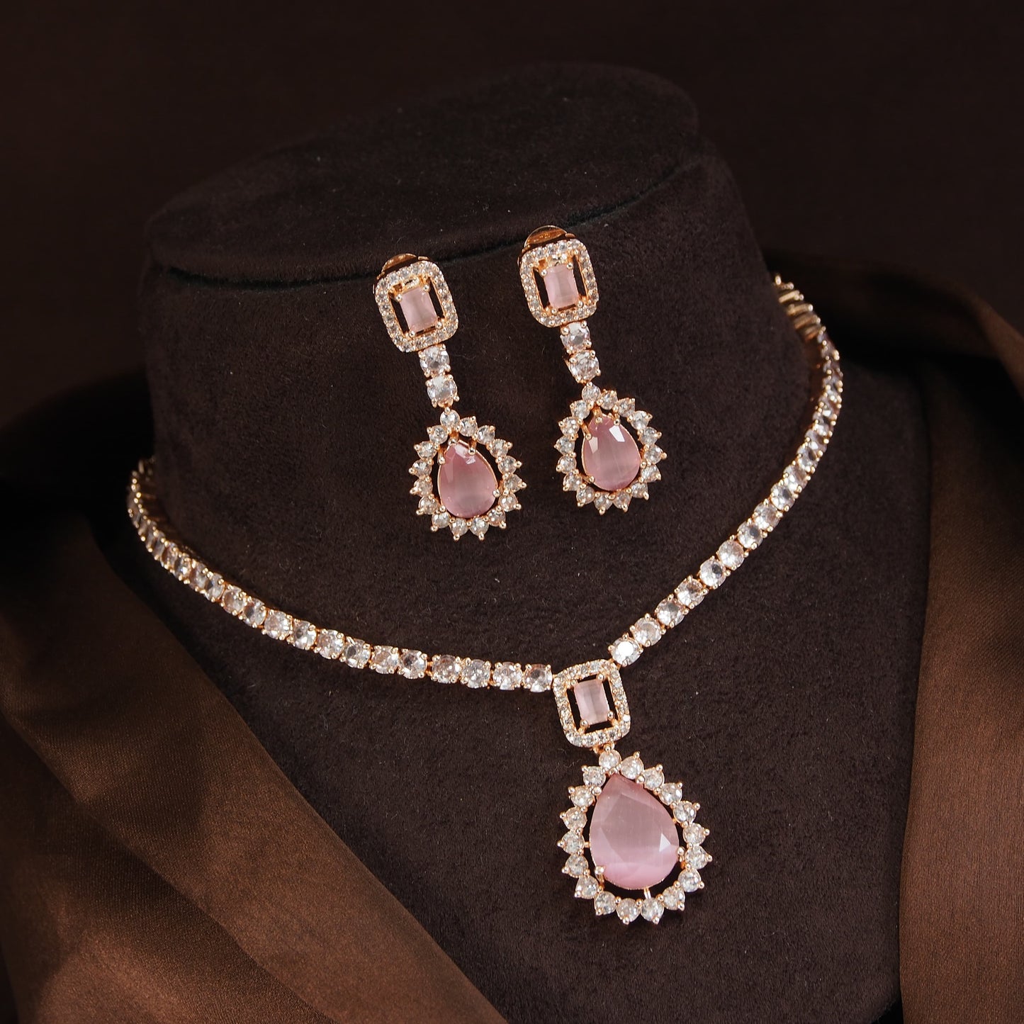 Orna Zircom American Diamond Rose Gold Necklace Set