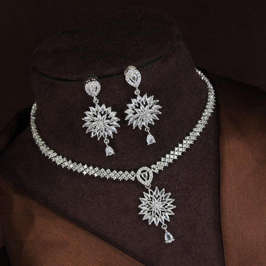 Orna Zircom American Diamond Silver Necklace Set