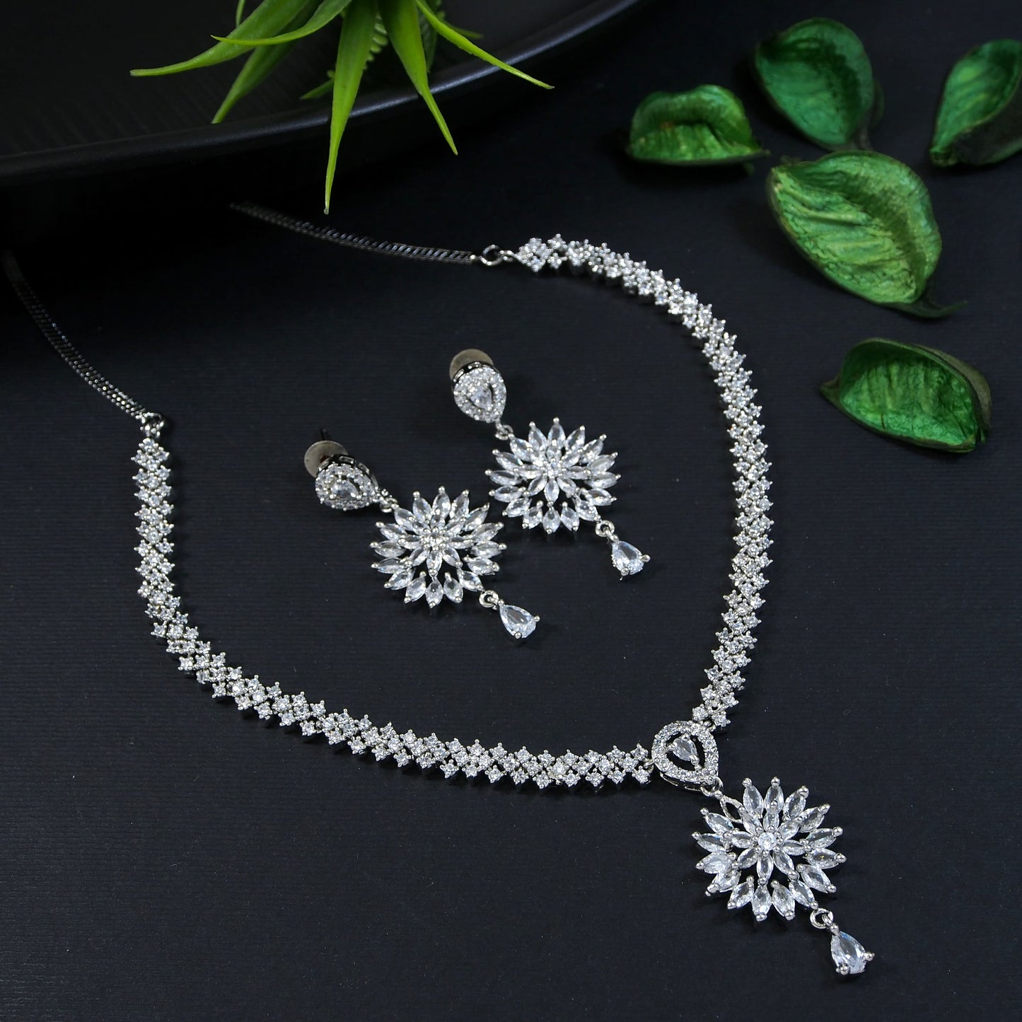 Orna Zircom American Diamond Silver Necklace Set