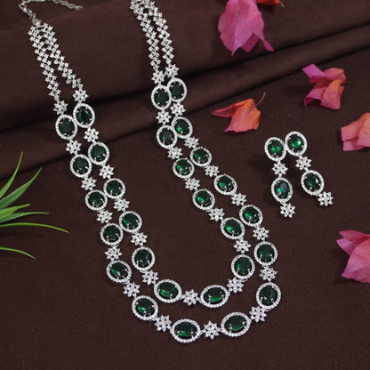 Elegant Green & White American Diamond Silver-Plated Necklace Set
