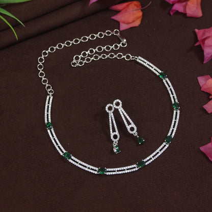 Minimalist Green American Diamond Silver-Plated Necklace Set