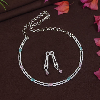 Minimalist Mint & Pink American Diamond Silver-Plated Necklace Set