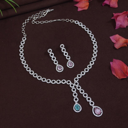 Elegant American Diamond Necklace Set with Mint-Pink & White Stones