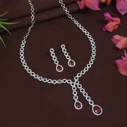 Elegant American Diamond Necklace Set with Ruby & White Stones