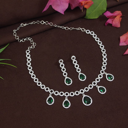 Graceful American Diamond Necklace Set with Green-White Stone Drops