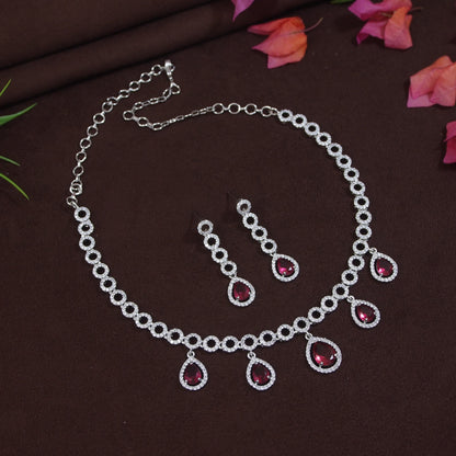 Graceful American Diamond Necklace Set with Ruby-White Stone Drops