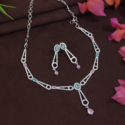 Vintage-Inspired American Diamond Necklace Set with Mint-Pink & White Stones