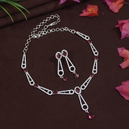 Vintage-Inspired American Diamond Necklace Set with Ruby & White Stones