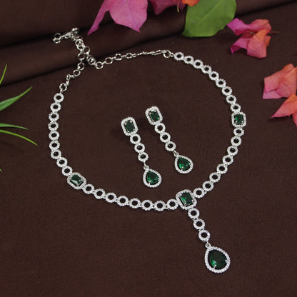 Orna American Diamond Necklace Set with Green & White Stones