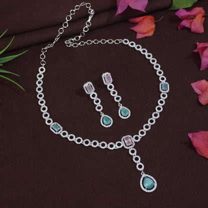 Orna American Diamond Necklace Set with Mint-Pink & White Stones