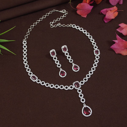Orna American Diamond Necklace Set with Ruby & White Stones
