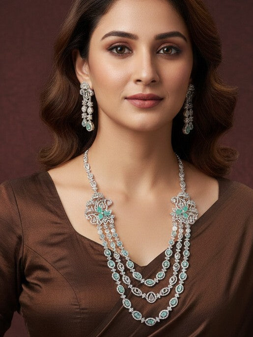 Three-Layer American Diamond Necklace Set with Mint and White Accents