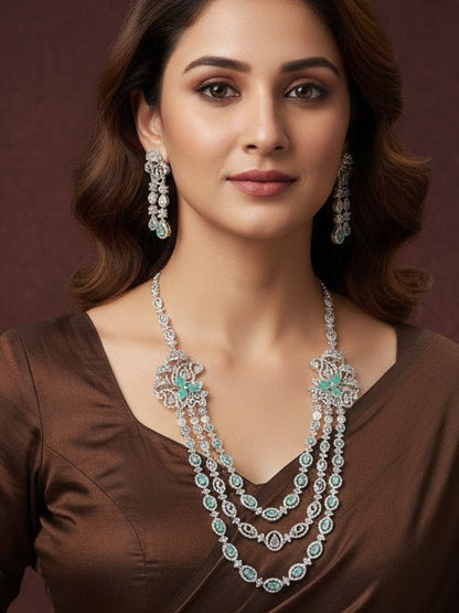 Three-Layer American Diamond Necklace Set with Mint and White Accents