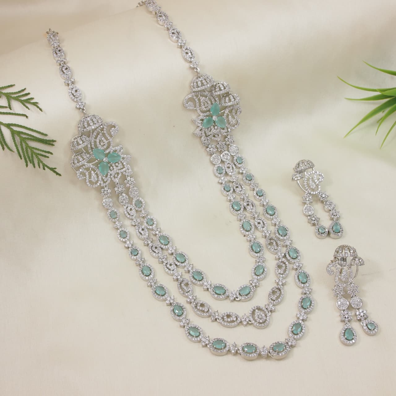 Three-Layer American Diamond Necklace Set with Mint and White Accents