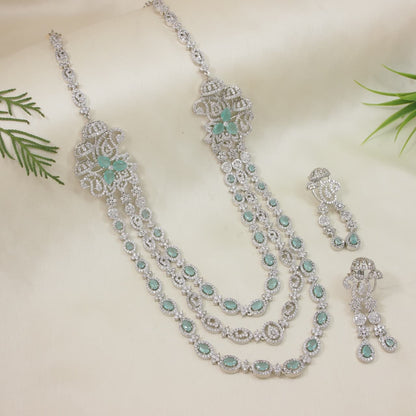 Three-Layer American Diamond Necklace Set with Mint and White Accents