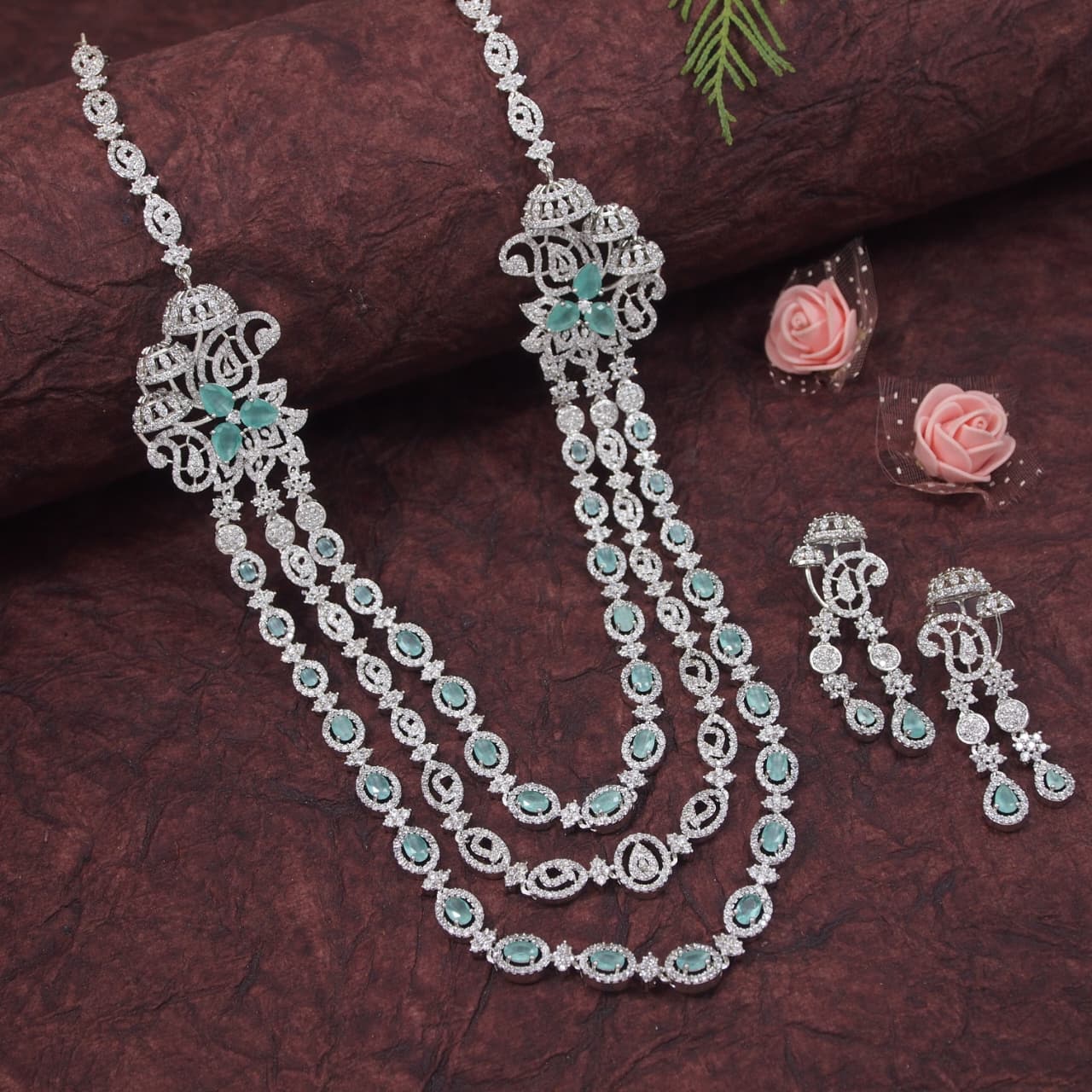 Three-Layer American Diamond Necklace Set with Mint and White Accents