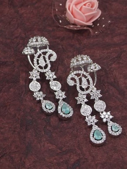 Three-Layer American Diamond Necklace Set with Mint and White Accents