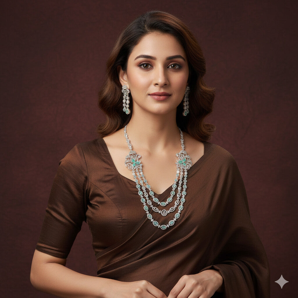 Three-Layer American Diamond Necklace Set with Mint and White Accents